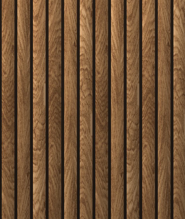 Painel ripado em madeira com ripas verticais e frisos escuros (imagem ilustrativa)